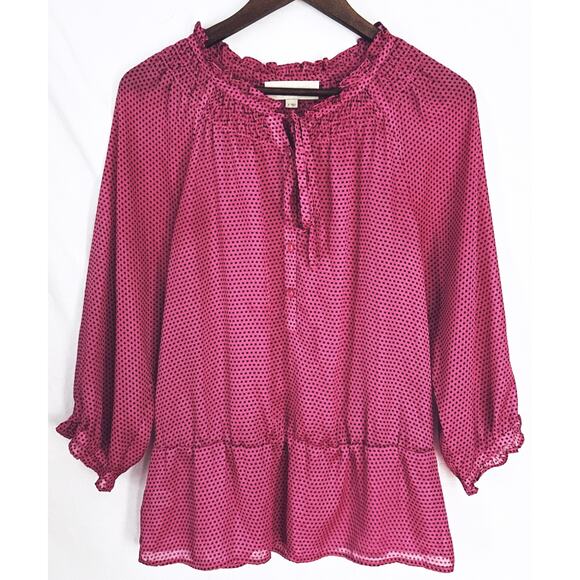 Ann Taylor LOFT Small Sheer Pink Black Polka Dot Long Sleeve Drawstring Neck Top - Picture 1 of 4